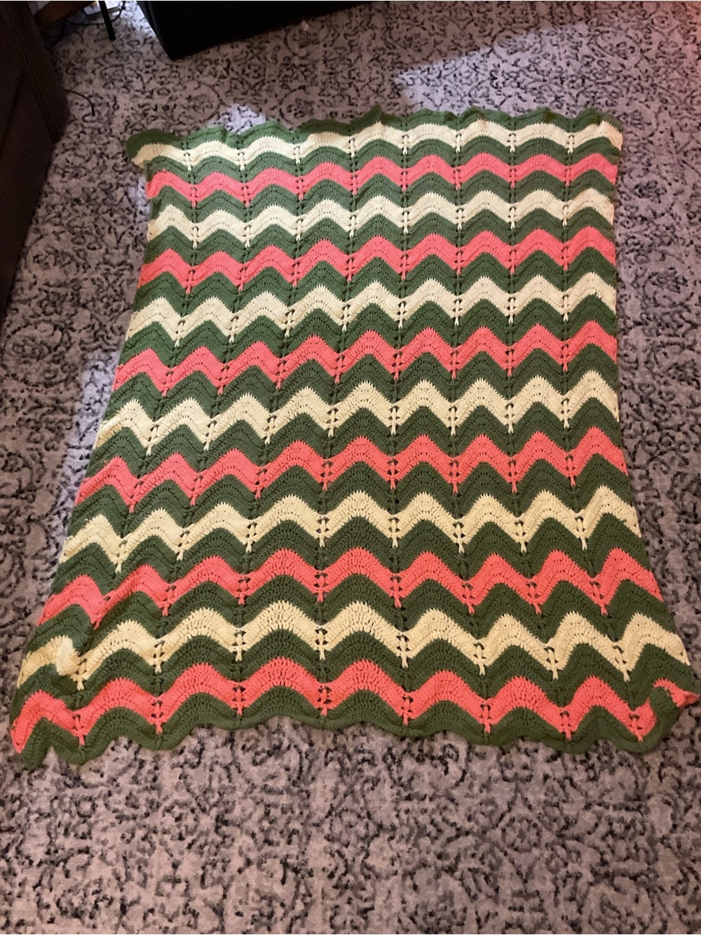 Handmade Crochet Afghan Blanket Green Coral Cream Retro Throw